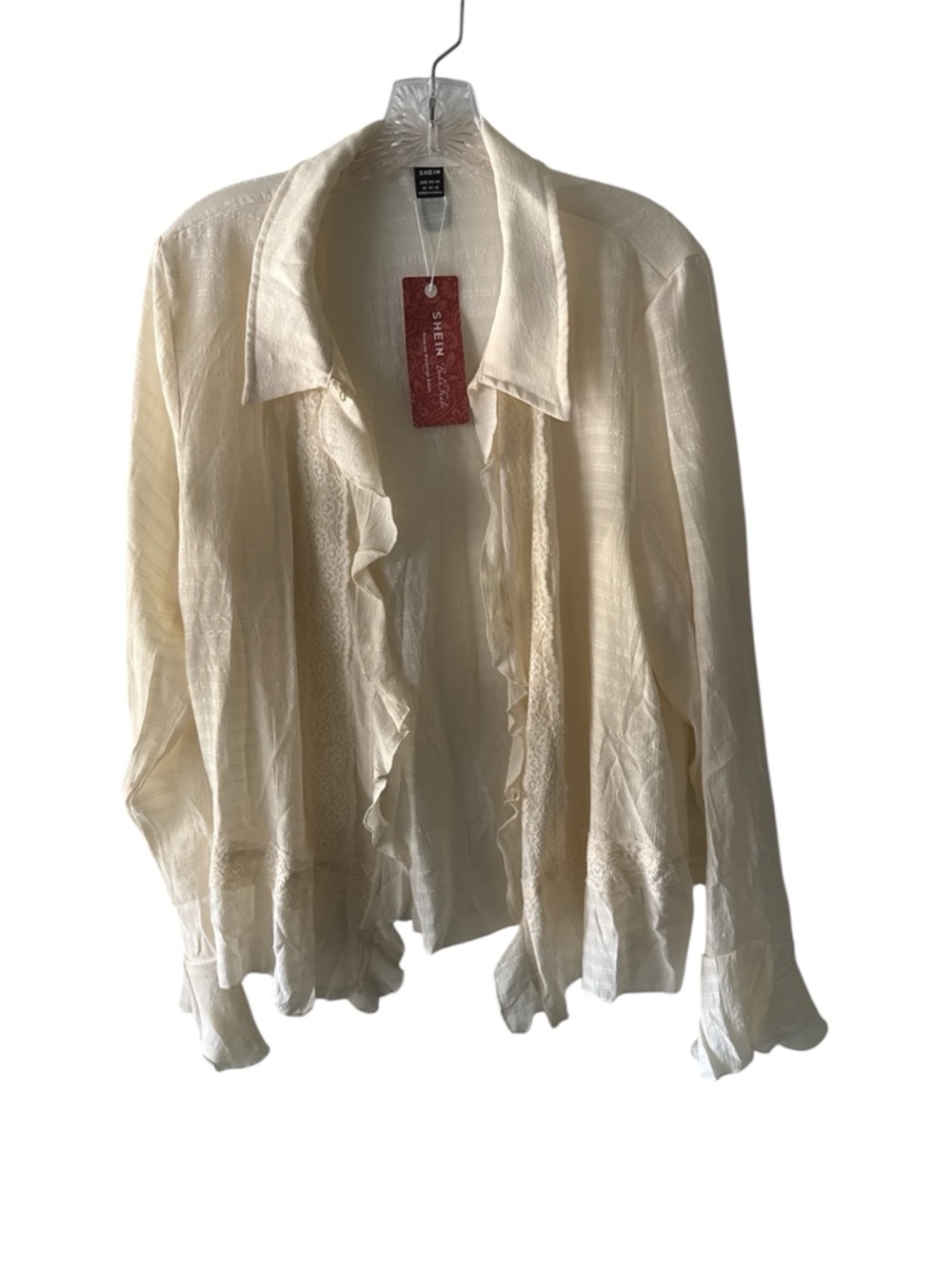 SHEIN Cream Ruffle Lace-Trim Collared Blouse